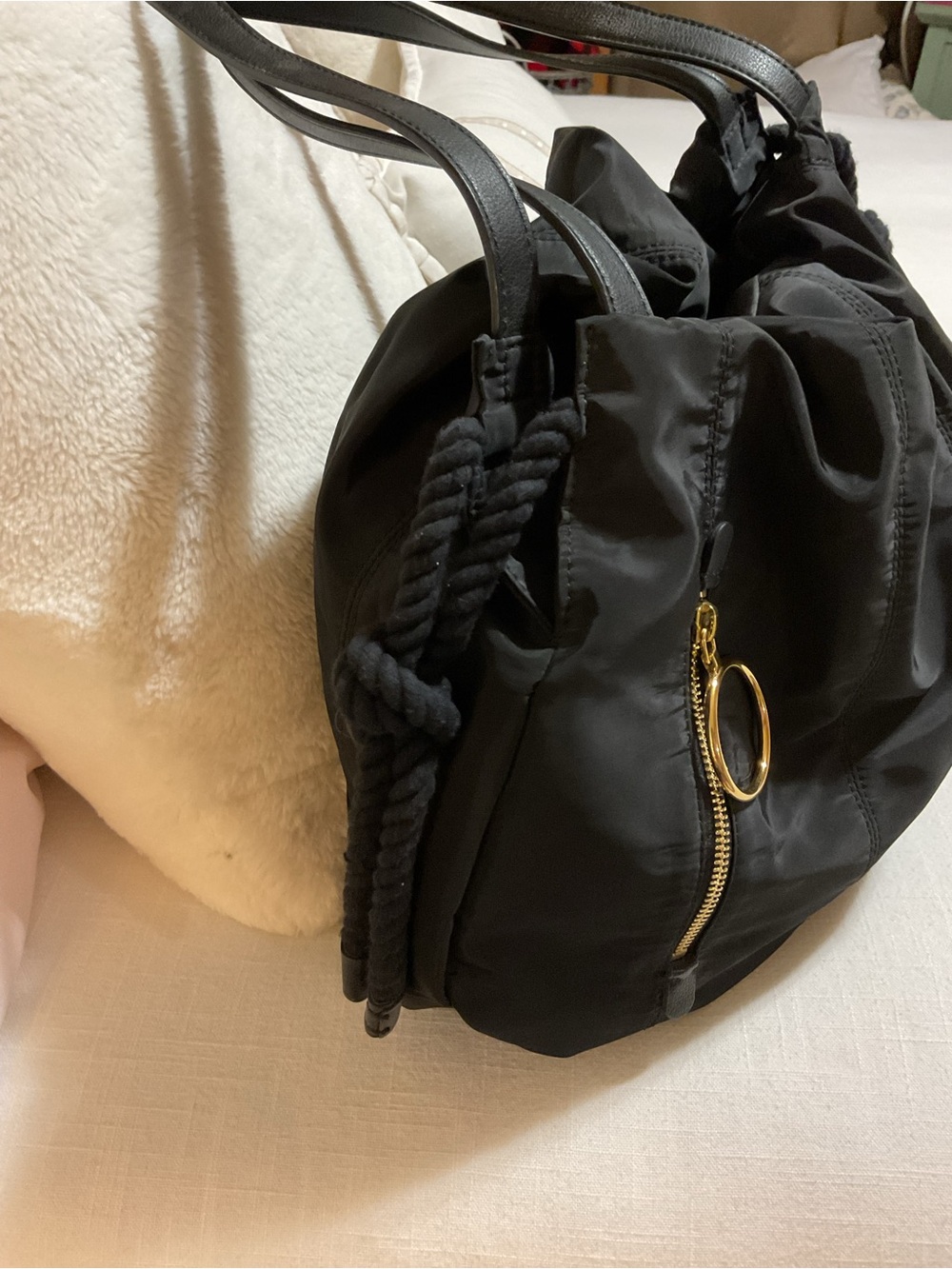 See By Chloe Flo- Black Nylon Shoulder Bag with Gold Ring Charm - Picture 6 of 13